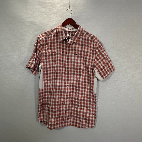 REI Coop Shirt Mens Small Button Up Orange Plaid Short Sleeve Breathable Pockets - Picture 1 of 9